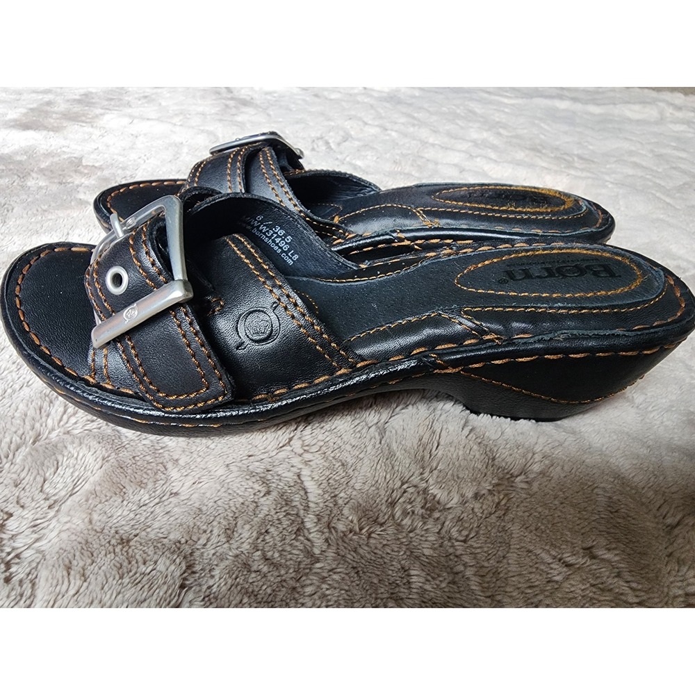 Born Black Leather Buckle Slide Sandals Low Wedge Contrast Stitch Women 6